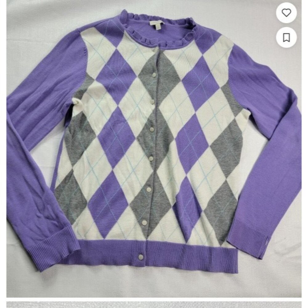 Talbots Argyle Cardigan Sweater Women's Size Small Purple Gray Ruffle Neck - Picture 8 of 9